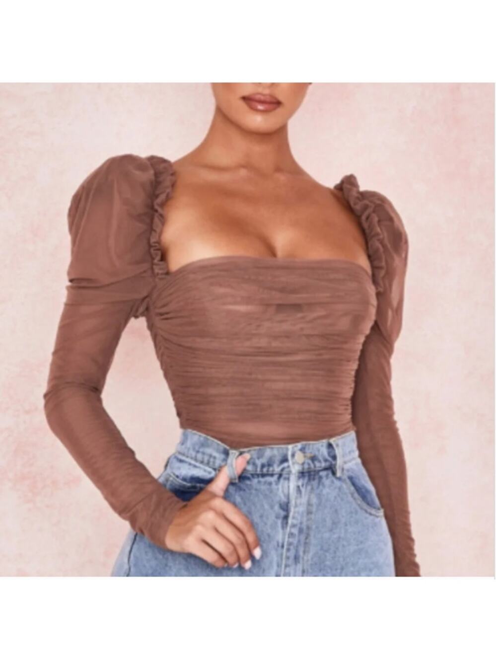 HOUSE OF CB | Emme Mesh Long Sleeve Brown Bodysuit  Mocha | Medium
